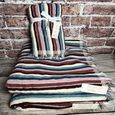 Juego de 8 toallas de baño Rachel Zoe invierno Merlot rayas borde flecos paño de mano Foto 1 de 4