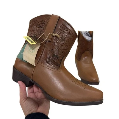 Botas occidentales Roper para mujer de cuero 9,5 herramientas punta corta marrón floral nuevas con etiquetas Foto 1 de 4