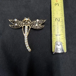 Black rhinestone dragonfly pin brooch pin yellow gold tone jewelry NWT - Picture 1 of 1