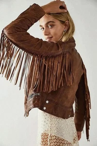 Women's Brown Leather Fringe Jacket | Genuine Lambskin Leather Fringed Jacket - Picture 1 of 6