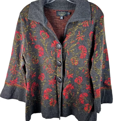Icelandic Design Cardigan Sweater L brown red Floral Wool Blend 3/4 Sleeve - Image 1 of 4