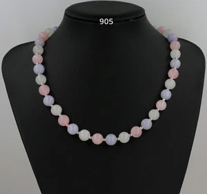 Natural pastel stone rose quartz jade aquamarine 10mm bead + silver necklace - Picture 1 of 3