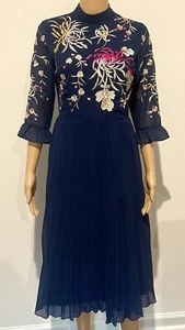 ASOS DESIGN Embroidered Navy Blue Floral Pleated Midi Dress Sz 4 Flared Sleeve - Picture 1 of 9