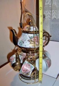 VINTAGE ornate FLORAL TEA SET  for 6 on brass caddy stand  or demitasse perfect - Picture 1 of 9