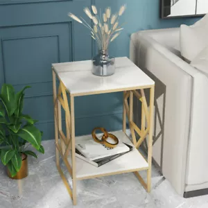 White Marble Gold Side Table Living Room End Accent Table Nightstand with Shelf - Picture 1 of 12