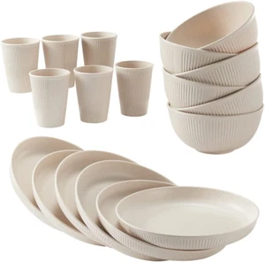 18Pcs Wheat Straw Dinnerware Set - Unbreakable Reusable Kitchen Cups Plates Bowl - Picture 1 of 12