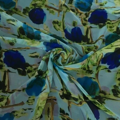 Tela delgada 100% seda 12 momme Georgette grande azul floral 55" ancho 1 metro XX053 Foto 1 de 3