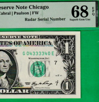 $1  ONE DOLLAR  Federal Reserve note  RADAR Serial Number  04-3333-40  PMG 68 - Image 1 of 3