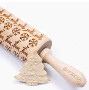 Stodola Engraved Large Rolling Pin with REINDEER SNOWFLAKES Pattern - Picture 1 of 4