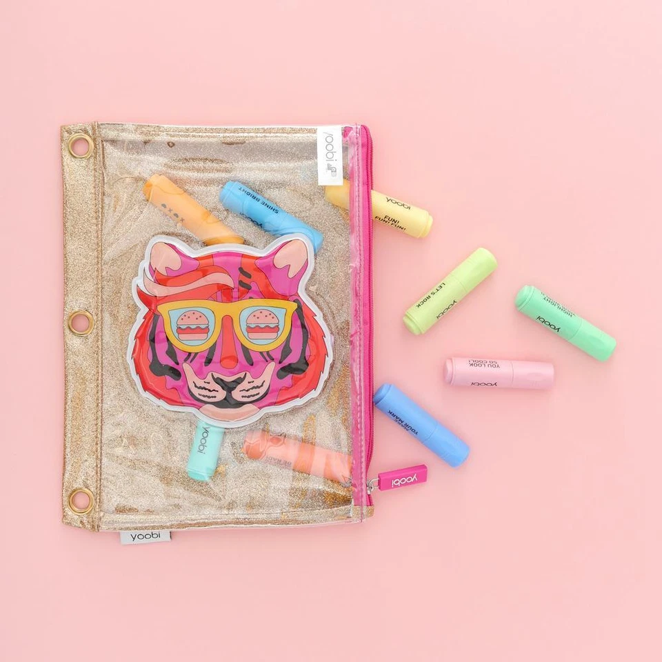 2x Yoobi Tiger ZIPPER Binder Pouch Gold Glitter Pencil Case School 9.5x7.5" Bag