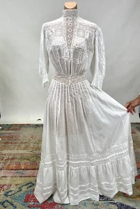 Antique Victorian Edwardian White Cotton Tea Dress Lace Floral Embroidery AS IS - Picture 1 of 17