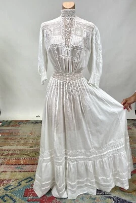 Antique Victorian Edwardian White Cotton Tea Dress Lace Floral Embroidery AS IS - Image 1 of 4