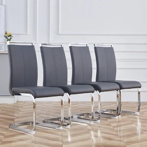 Dining Chairs Set of 4 Grey PU Cantilever Chairs with High Back and Chrome Legs - Picture 1 of 12