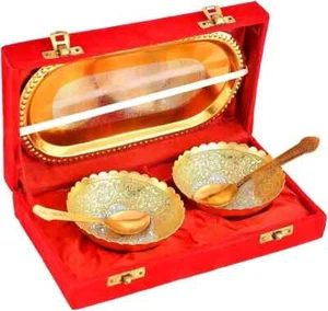 Silver gold colored Bowl Tray with Spoon Diwali Pooja With Red Velvet Box plated - Picture 1 of 1