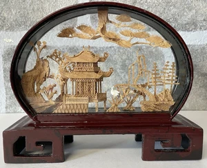 Vintage Chinese Cork Art Hand Carved Diorama Lacquered Pagoda Cranes Trees - Picture 1 of 16