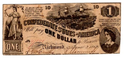 $1 Confederate Currency 1862 T-44 VF Steamship - Lucy Pickens * AvenueCoin - Image 1 of 2