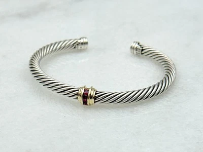 "Brazalete brazalete David Yurman oro 14k y plata esterlina rubí 5 mm cable 6,5""" Foto 1 de 4