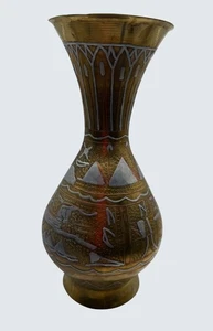 Vintage Damascene Brass Vase w/ Silver & Copper Inlay Egyptian Scene 10.5” - Picture 1 of 7
