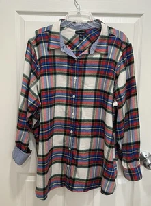 LANDS END Womens Size 3X Flannel Shirt White Red Multi Plaid Button Up Flip Cuff - Picture 1 of 8