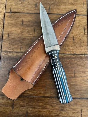 CUSTOM HANDMADE DAMASCUS BLUE LINE USA FLAG HANDLE BOOT DAGGER W/ LEATHER SHEATH - Image 1 of 4