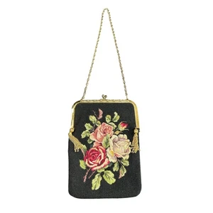 Vintage- Petit Point Pink Roses- Golden chain Tassels- Fay Mell Handbag black - Picture 1 of 5
