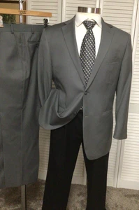 PERRY ELLIS SLIM FIT MENS GRAY DOUBLE VENTED 2 PIECE SUIT SIZE: 42R PANTS 38x30 - Picture 1 of 12