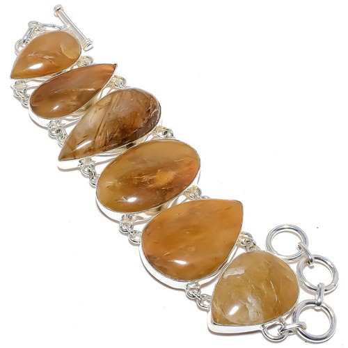 VALENTINO Bracciale Argento Sterling 925 Pietra Preziosa Quarzo Rutilo Oro Naturale 7 8" R695