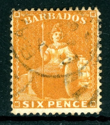 Barbados 1875 British QV 6p Chrome Yellow Scott #55 VFU K253  ⭐⭐⭐⭐⭐⭐ - Image 1 of 4