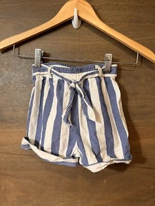 Rare Editions Girls Sz 4T Blue And WHITE Striped Shorts CUFFED PULL ON WITH TIE - Picture 1 of 4