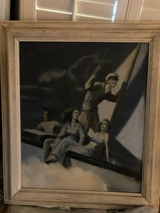 Maravillosa Rara Ilustración Original Pintura Artística Dos Parejas Navegando Años 30-40 - Imagen 1 de 8