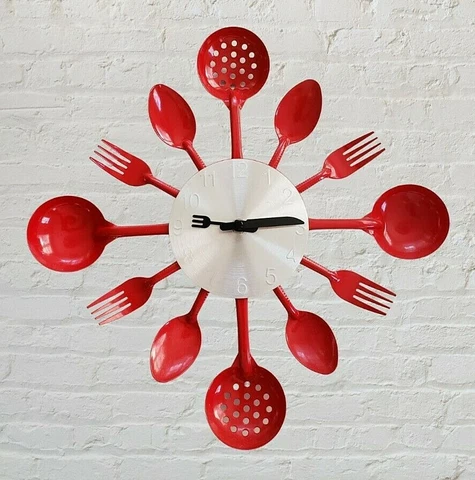 Red & Stainless Steel Kitchen Utensils Knife & Fork Hands Wall Clock Cover