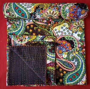 Vintage Sari patchwork Hand madendiIan Throw Decor Kantha Quilt Bedspread-Queen