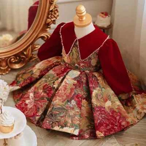 Girl Red Long Sleeve Flower Dress Velvet Print Baby Costume Princess Dress Skirt - Picture 1 of 20