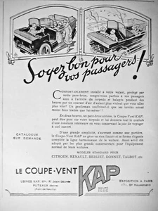 PUBLICITÉ 1927 LE COUPE-VENT KAP POUR CITROËN RENAULT BERLIET DONNET TALBOT ECT. - Foto 1 di 1