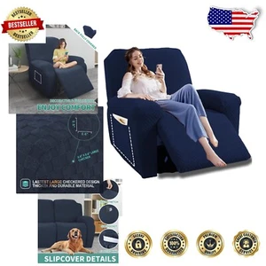 Navy Oversized Recliner Cover - Stretch Jacquard with Side Pocket, Easy to Wash - Picture 1 of 9