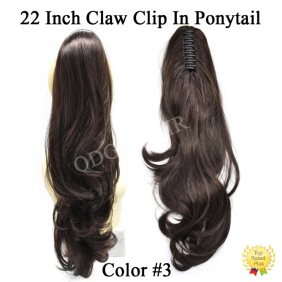 Claw Clip In Ponytail Jaw Hair Extensions Thick Long Wavy Curly Dark Brown 22" - Image 1 of 4