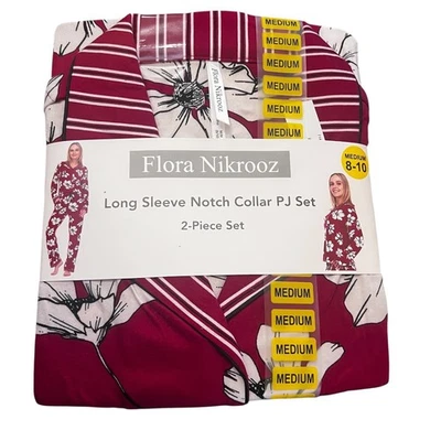Flora Nikrooz Size Small 6 8 Pajama Set Notch Collar Floral Stripe Long Sleeve - Image 1 of 4