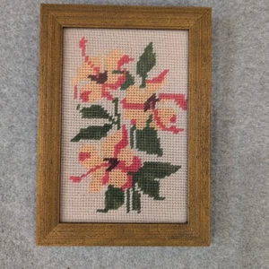 Vintage Framed Floral Needlepoint Art Pink Yellow Green Flowers Home Decor - Picture 1 of 4