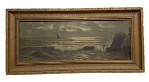 Antique 9x24” Original Oil On Canvas Nautical Seascape In Moonlight W/Frame - Picture 1 of 12
