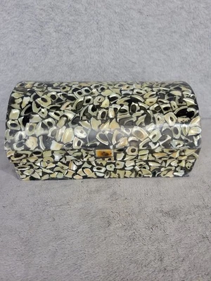 Vintage Mother of Pearl Inlay Jewelry Trinket Box Black Lined 9” - Chipped! - Image 1 of 4