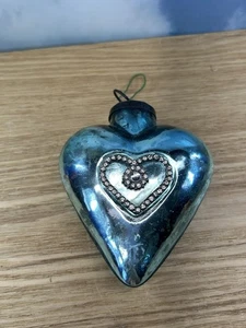 Adorno corazón azul de 4" de gran tamaño de vidrio mercurio estilo bola vintage - Imagen 1 de 5