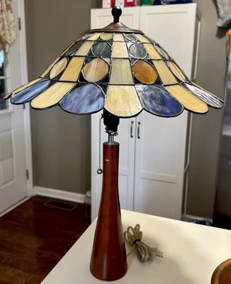 23” Mushroom Stained Glass Tiffany Style Table Lamp, Wood Base! Boho 60’s Vibe - Image 1 of 4