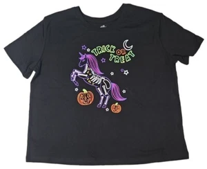Halloween 'Trick or Treat' Girls Size XXL (18) T-Shirt w Neon Skeleton Unicorn - Picture 1 of 6