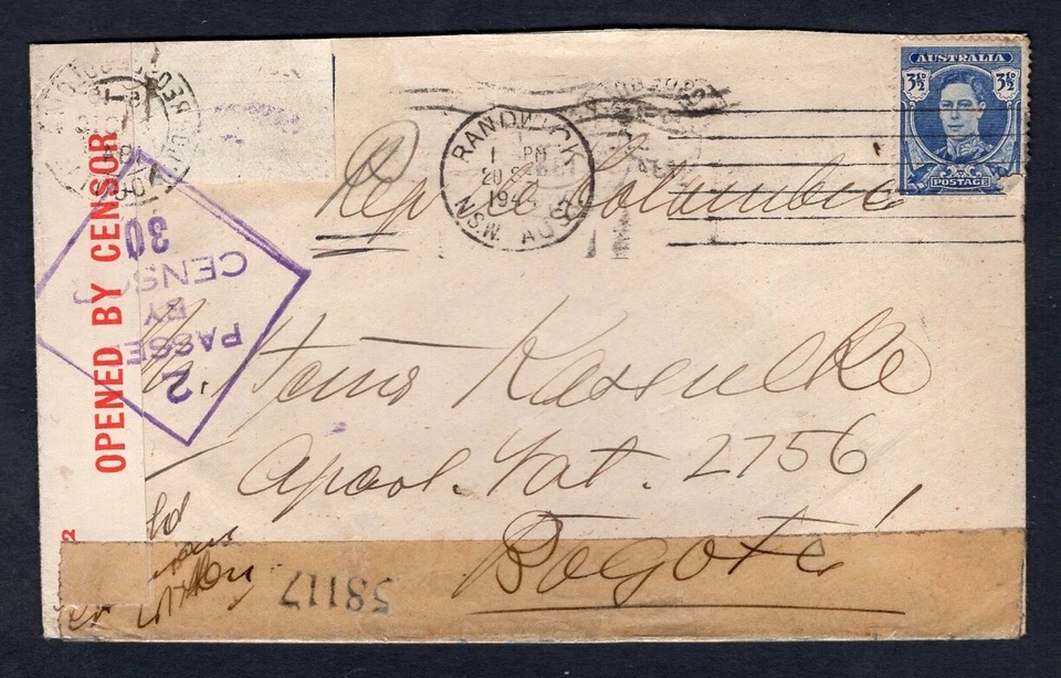 AUSTRALIA 1944 Dual Censored Cover to COLOMBIA - Image 1 of 2