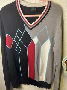 Vuarnet Sport Sweater Men’s Abstract Argyle Black, Gray, Red Cotton Sz M VTG - Picture 1 of 12