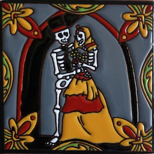 6x6 The Wedding. Day-Of-The-Dead Dia De Los Muertos Clay Tile Skeleton - Picture 1 of 1