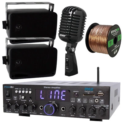 Pyle PDA4BU Bluetooth Stereo Receiver, 2x 3.5'' Black Speakers, Retro Mic, Wire - Image 1 of 4