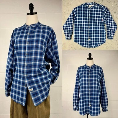 Vintage 90s Bugle Boy Blue Plaid Button Down Shirt Banded Collar Long Sleeve M - Image 1 of 4