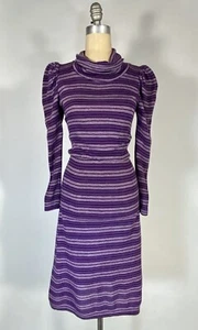 Vintage late 1970's - 80's PURPLE stripe knit sweater turtleneck dress size S/M - Picture 1 of 12
