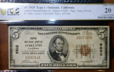 1929 $5 PCGS VF20 Oakland CALIFORNIA National Bank Note Currency Very Fine NR - Image 1 of 4
